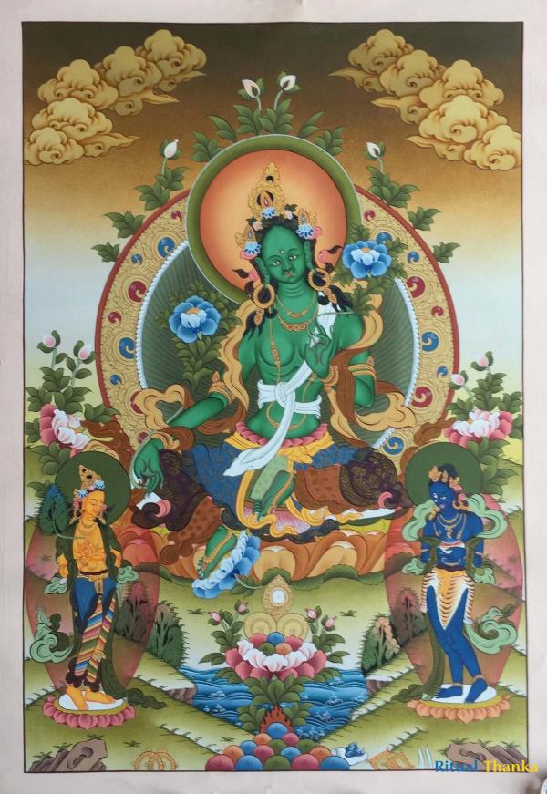 Green Tara Thangka Art | Original Hand Painted Healing Female Deity | Healing Tara Painting | Meditation and Yoga | Wall Hanging Decor